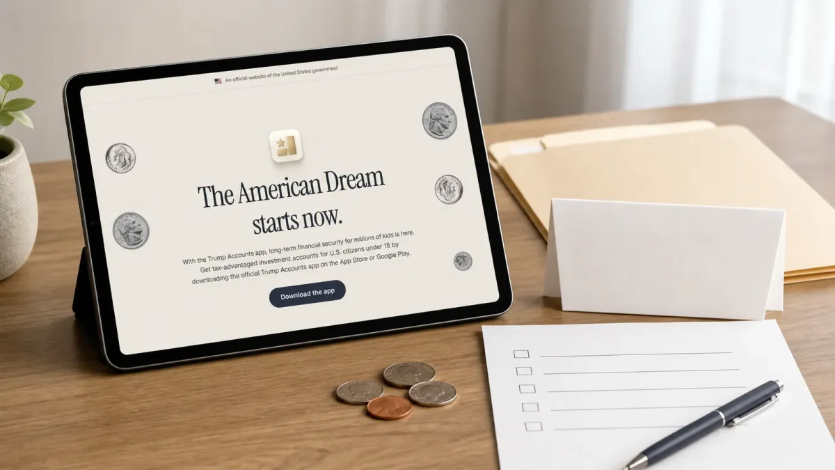 A tablet showing the official Trump Accounts identity beside child savings and education planning paperwork.
