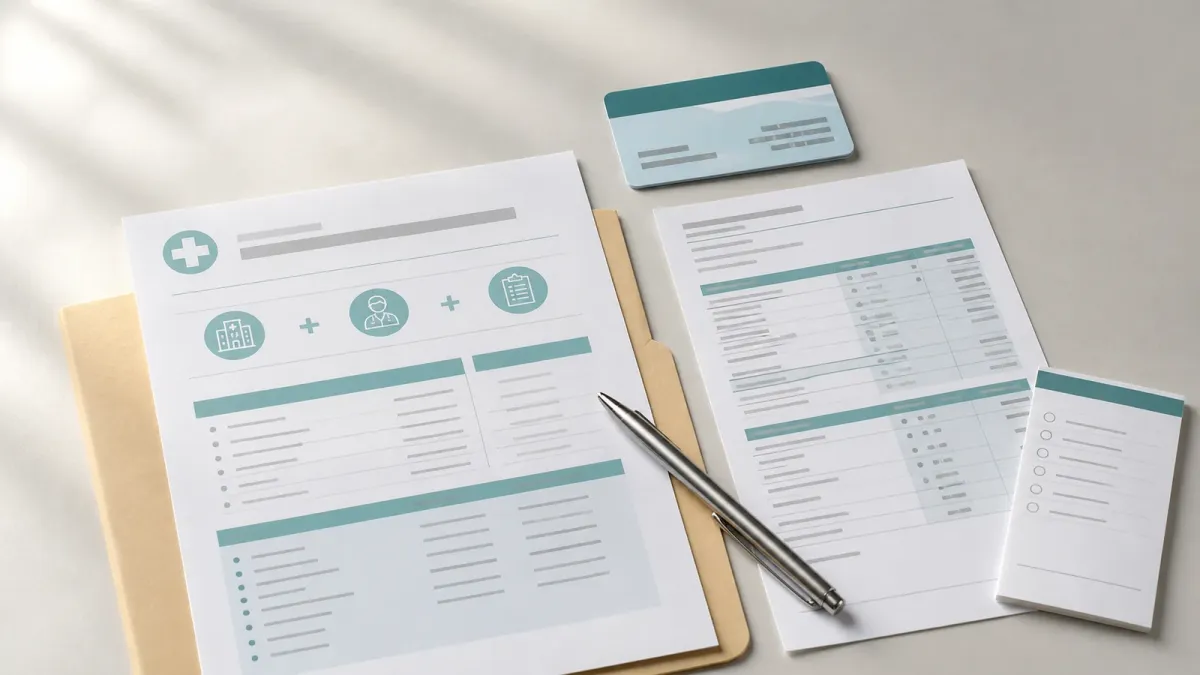 Hospital estimate, insurance card, itemized bill, and checklist arranged for comparing procedure costs.