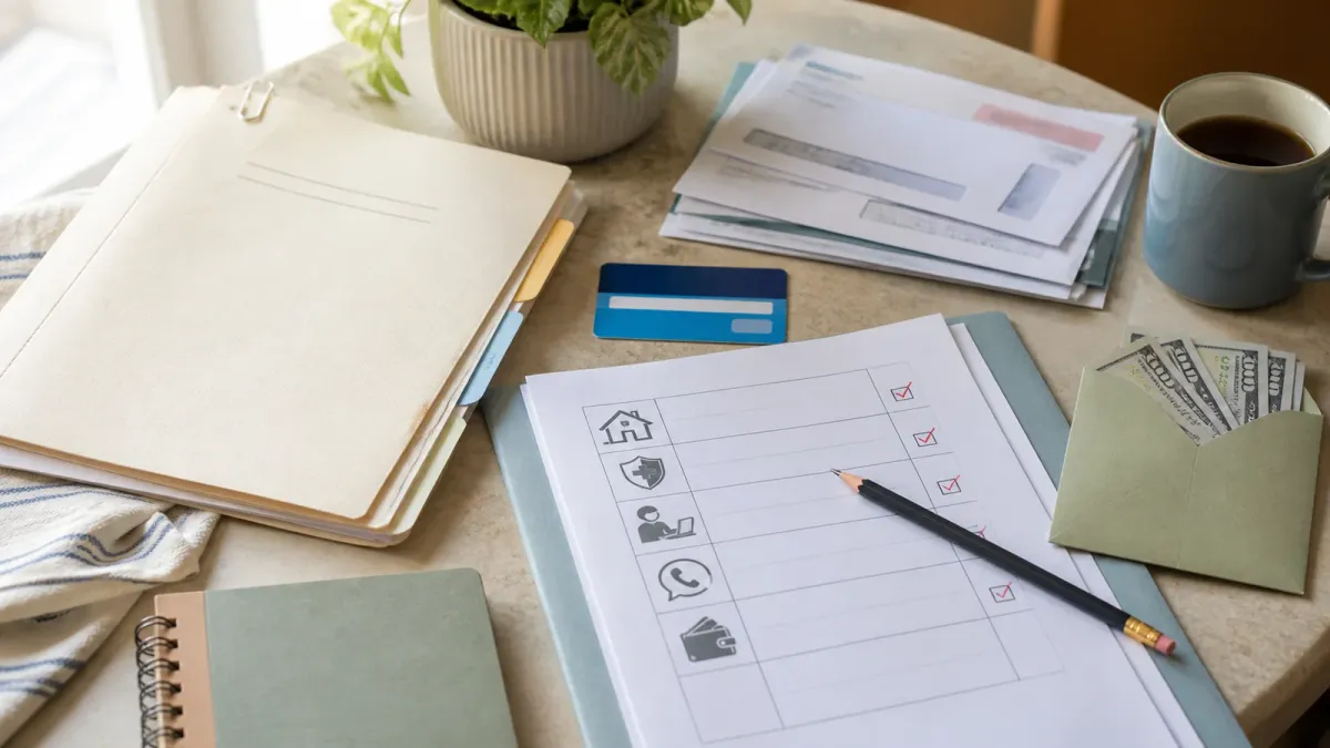 A tabletop budget worksheet arranged with benefits paperwork, a health insurance card, bills and a small emergency cash envelope.