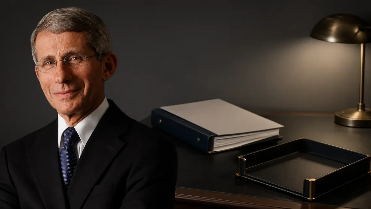 Anthony Fauci portrait beside an unreadable referral folder and review tray representing a Justice Department review process.