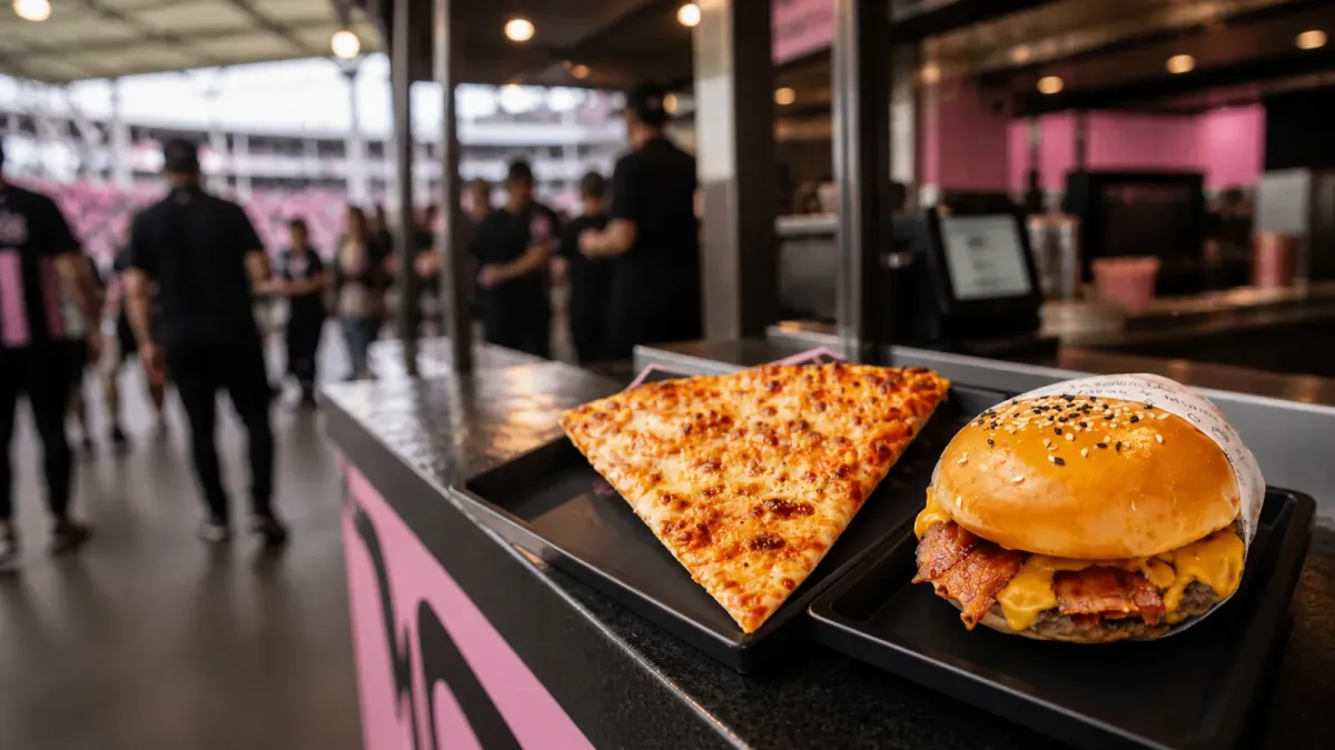 A Nu Stadium concourse food counter scene with Inter Miami colors, pizza slices and burgers staged for matchday service