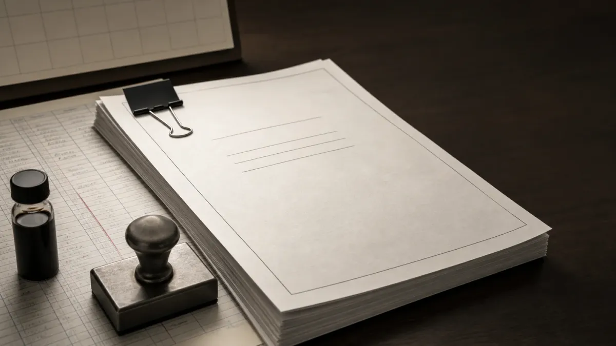 A congressional bill packet interrupts a generic energy-shipping ledger beside an oil sample vial and tariff stamp.