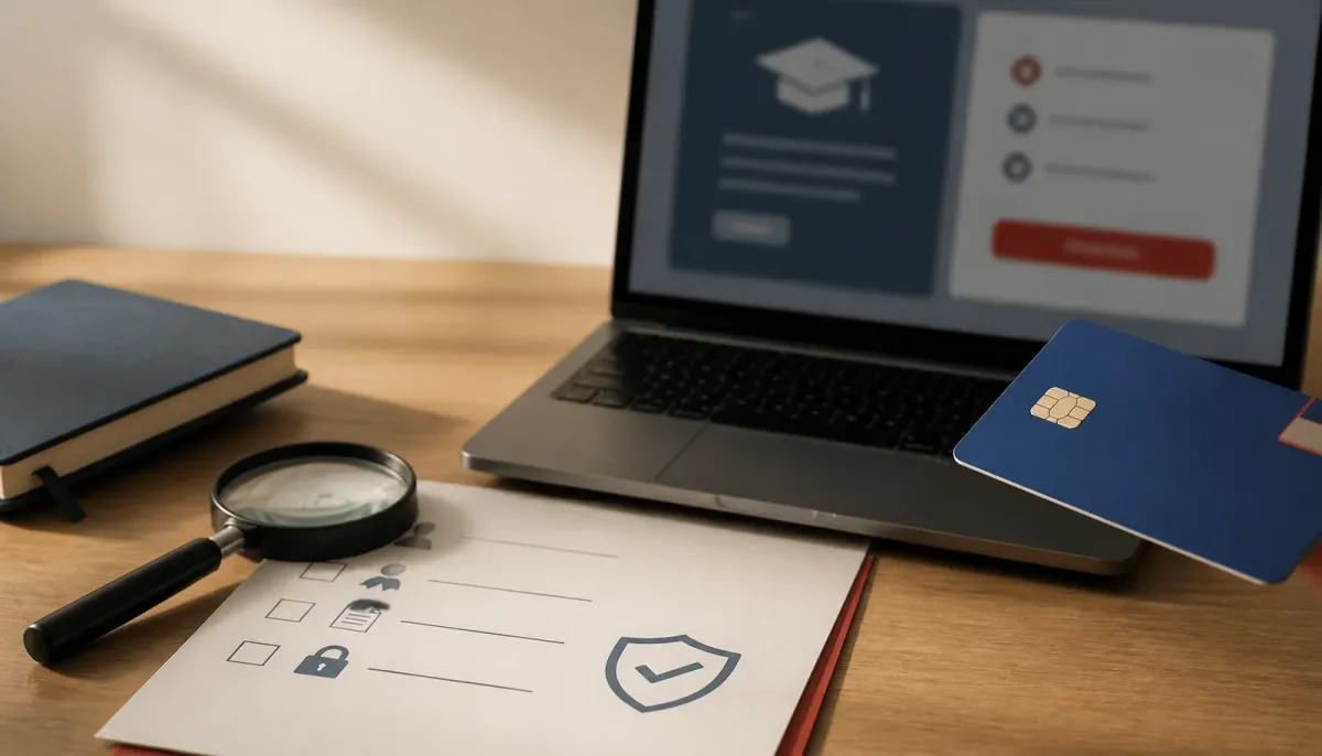 A payment card paused beside a verification checklist and laptop, suggesting a trading-course purchase being checked first.