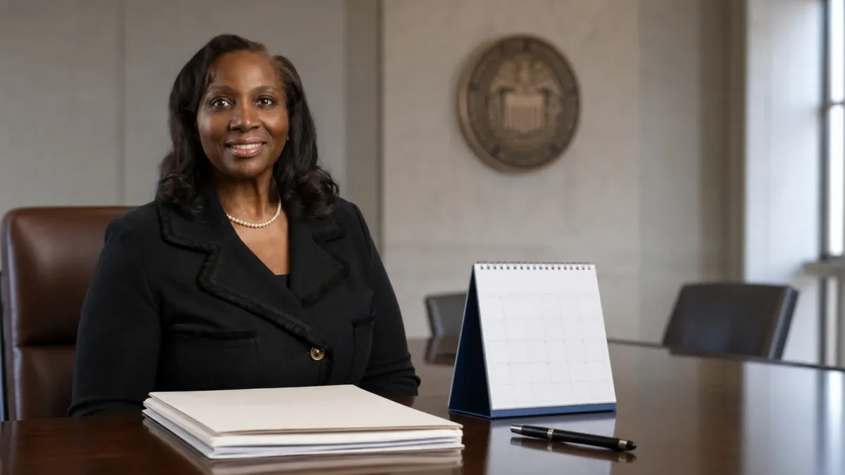A source-grounded editorial image of Federal Reserve Governor Lisa Cook beside an unreadable formal notice packet and deadline calendar.