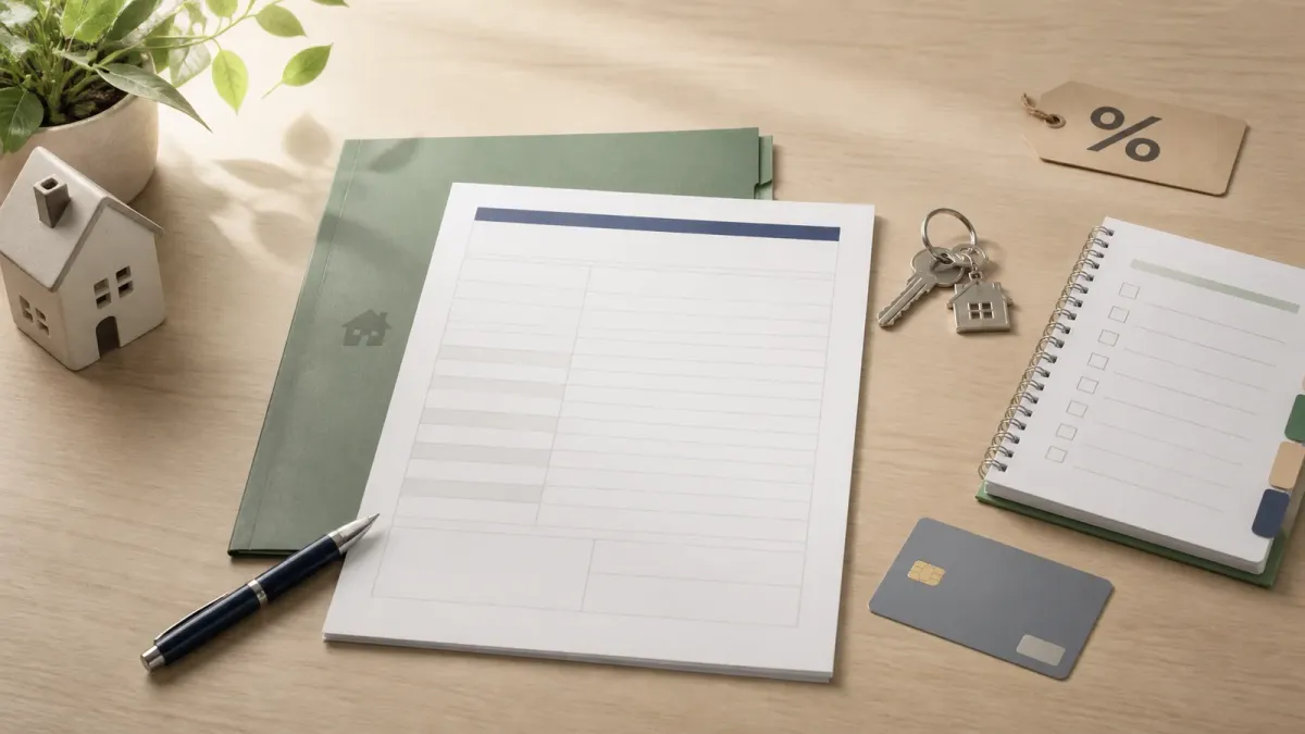 A homebuying folder, mortgage worksheet, key, and payment card arranged to compare a lower sale price with monthly costs
