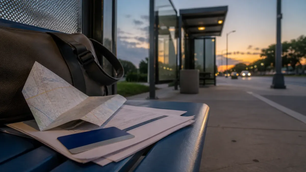 A bus stop at dusk with a folded route map, fare card, commuter bag, and plain budget papers suggesting uncertainty over local bus service