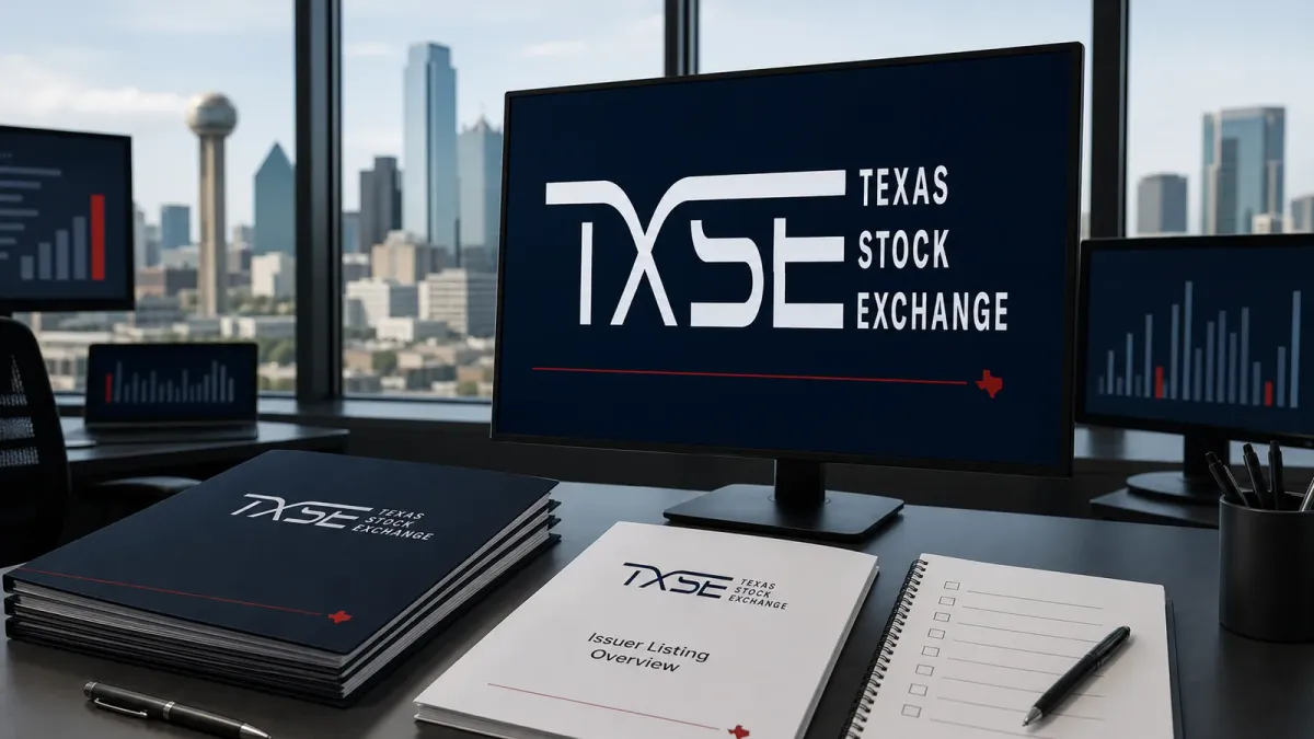 TXSE trading screens and listing documents arranged around the Texas Stock Exchange logo