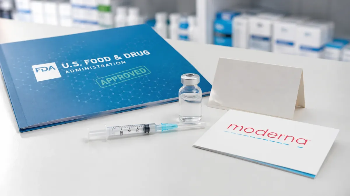 FDA and Moderna references beside a generic vaccine vial and syringe on a pharmacy counter.