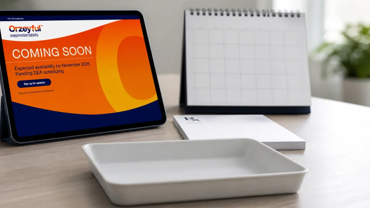 Takeda Orzeyful branding on a tablet beside blank prescription and calendar materials, suggesting approval with pending availability.