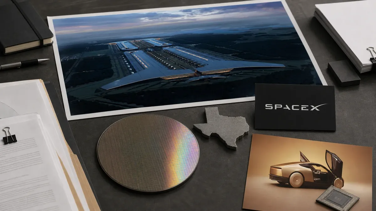 A SpaceX-branded planning table with a silicon wafer, factory model, Texas marker and incentive paperwork representing the Terafab chip project.