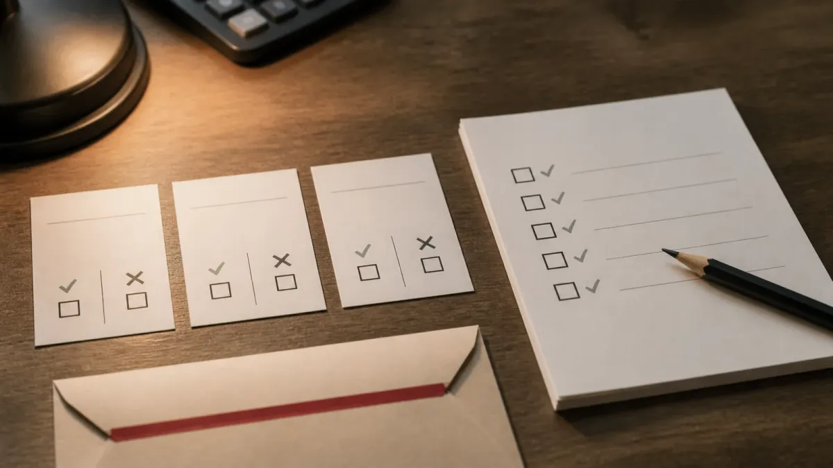 Blank event-contract slips and a risk checklist arranged on a desk before a trade decision.