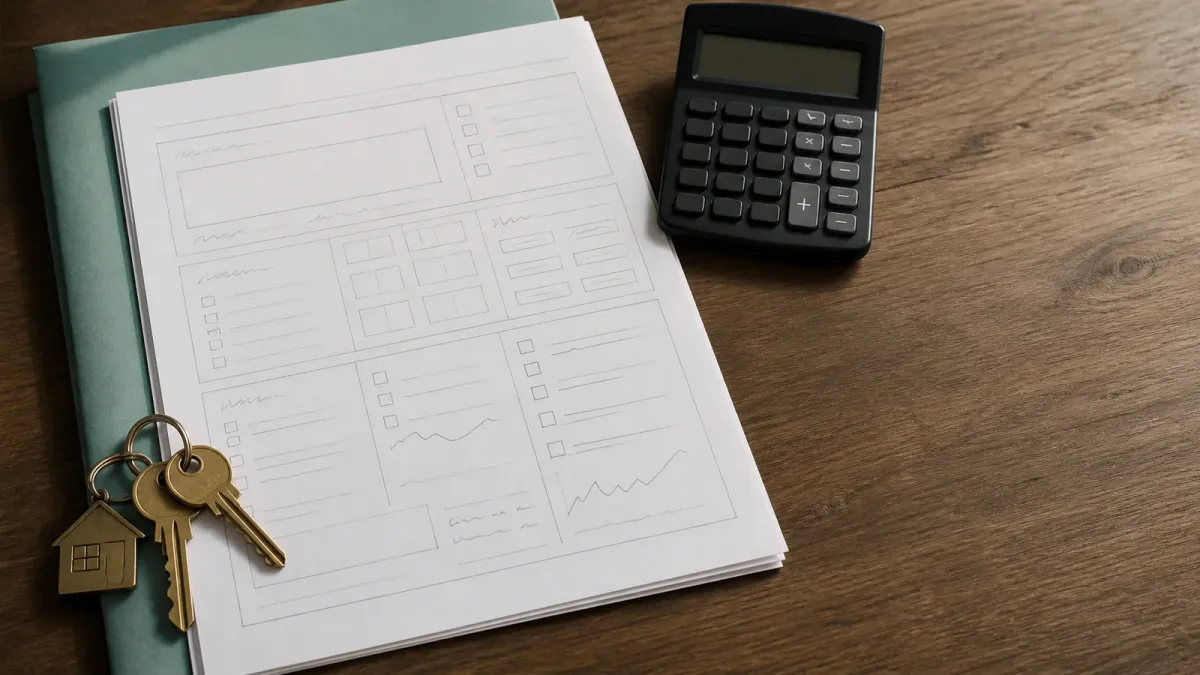A home affordability worksheet compares income, mortgage payment, and cash reserves beside house keys.