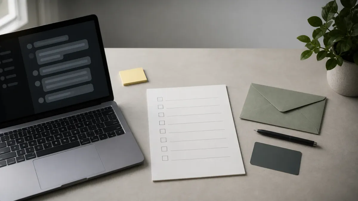 A laptop with a blurred AI chat window beside a financial checklist, sealed envelope and face-down payment card.