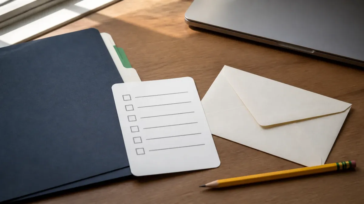 Back-to-school folders, a blank checklist, an envelope and a pencil arranged as a privacy-safe credit check task.