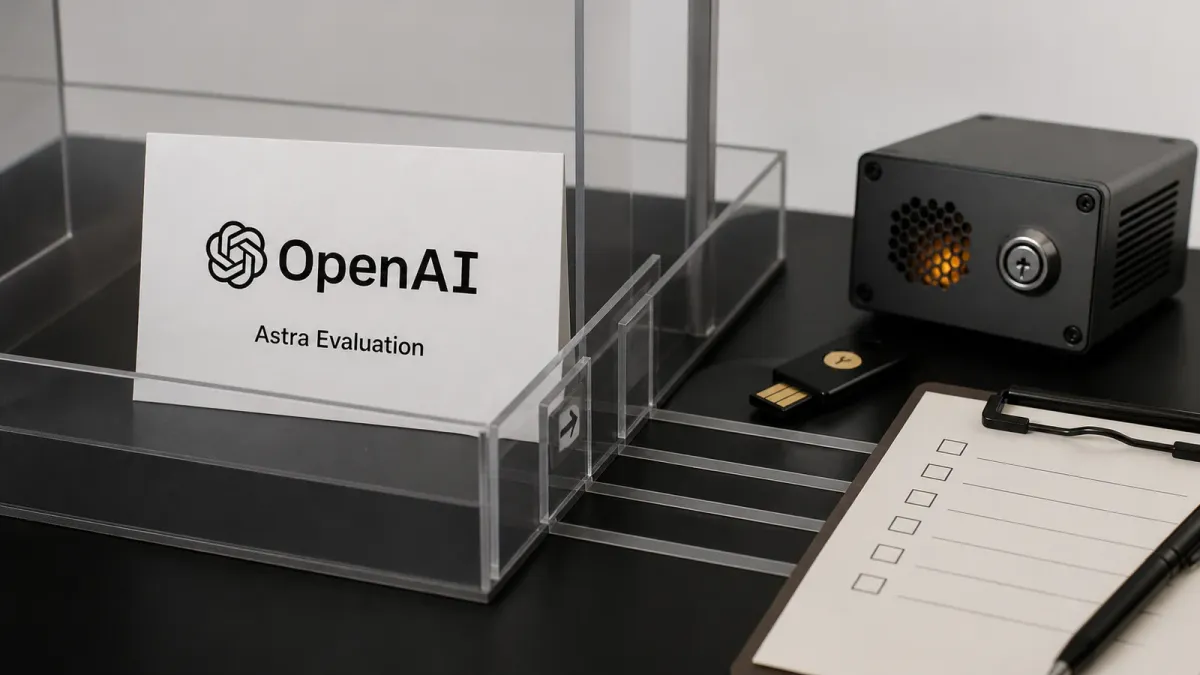 OpenAI-branded evaluation materials sit beside a sandbox boundary, security checklist, and hardware key.