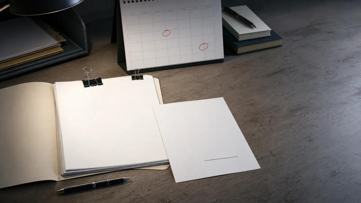 A blank funding packet and marked calendar deadlines arranged on a desk beside an unsigned approval sheet.