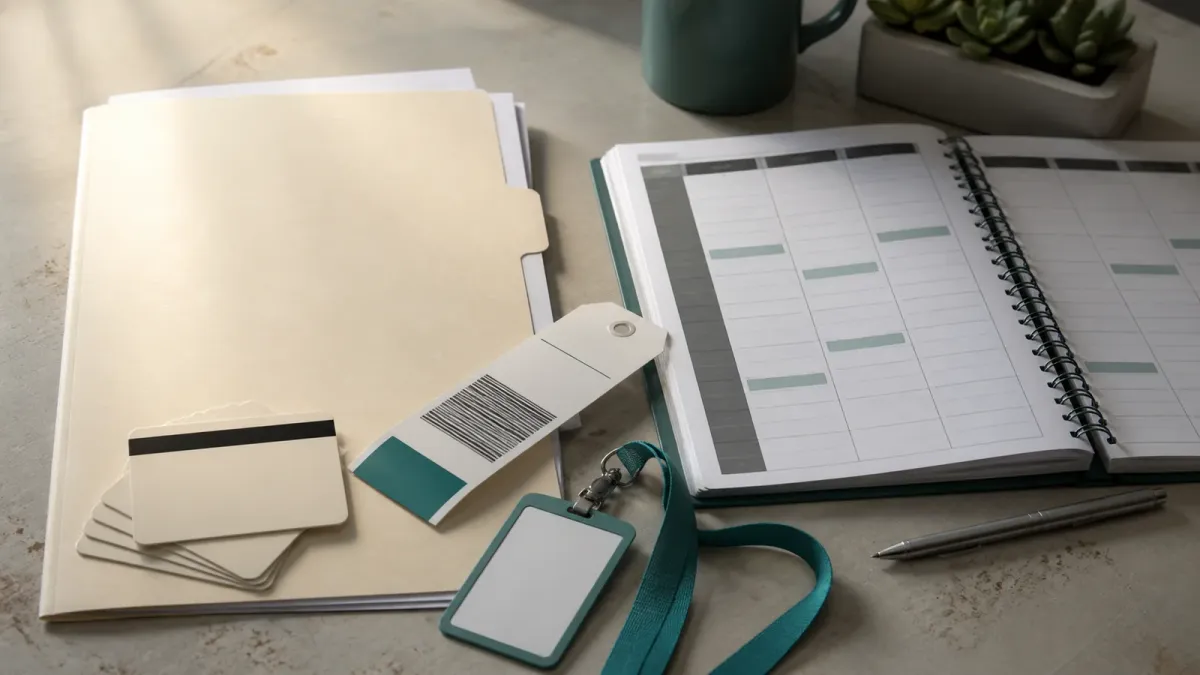 Airport luggage tags, hotel key cards and blank work authorization paperwork arranged beside an empty staff schedule