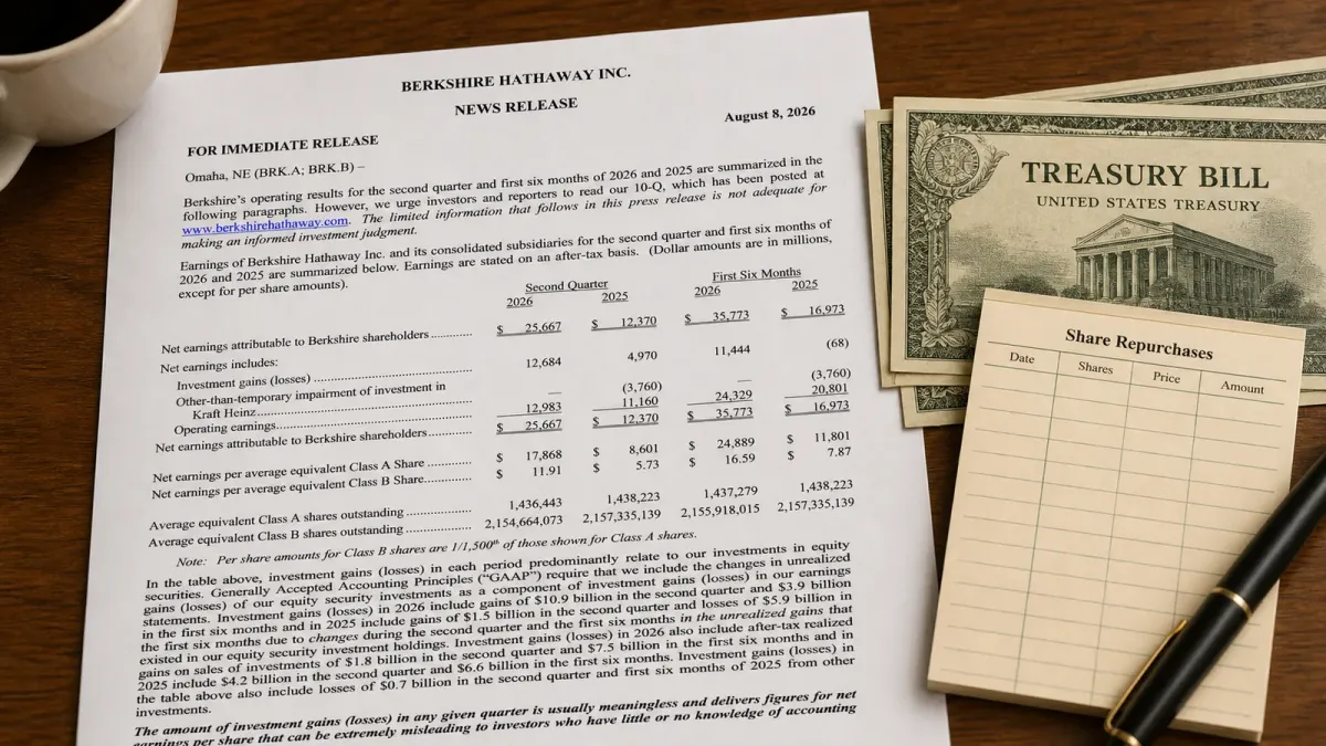 A Berkshire Hathaway second-quarter earnings release on a desk beside cash-management papers and a buyback note.