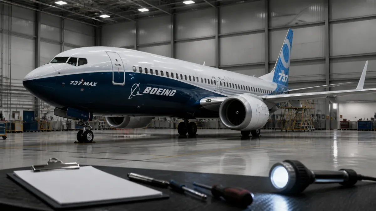 A Boeing 737 MAX in a quiet hangar with inspection tools in the foreground.