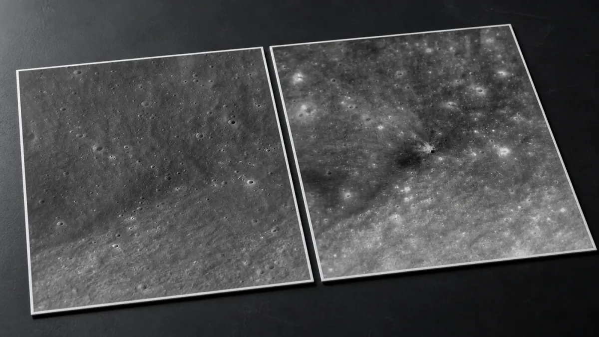 NASA and KARI Danuri before-and-after lunar surface panels show the Falcon 9 impact mark.