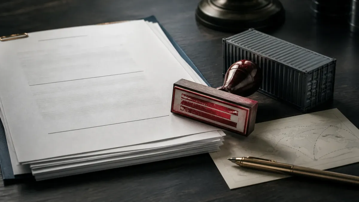 A legislative packet, tariff stamp and cargo container miniature arranged on a desk to show a pending sanctions and trade decision.