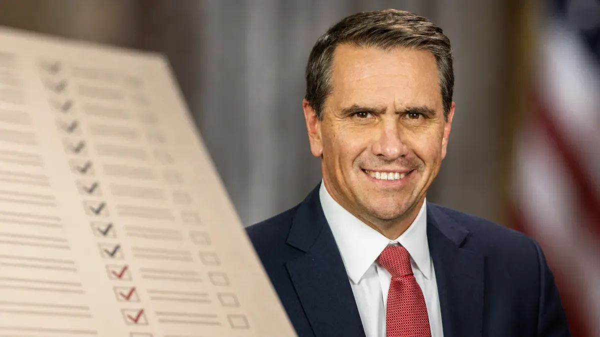 A source-grounded editorial portrait of Todd Blanche beside an unreadable roll-call sheet representing a narrow Senate vote.