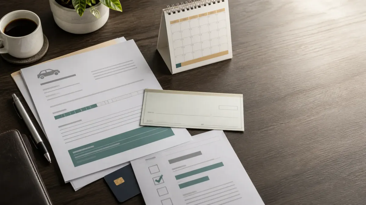 A loan payoff statement, unsigned check, calendar card, and abstract credit report arranged on a desk.