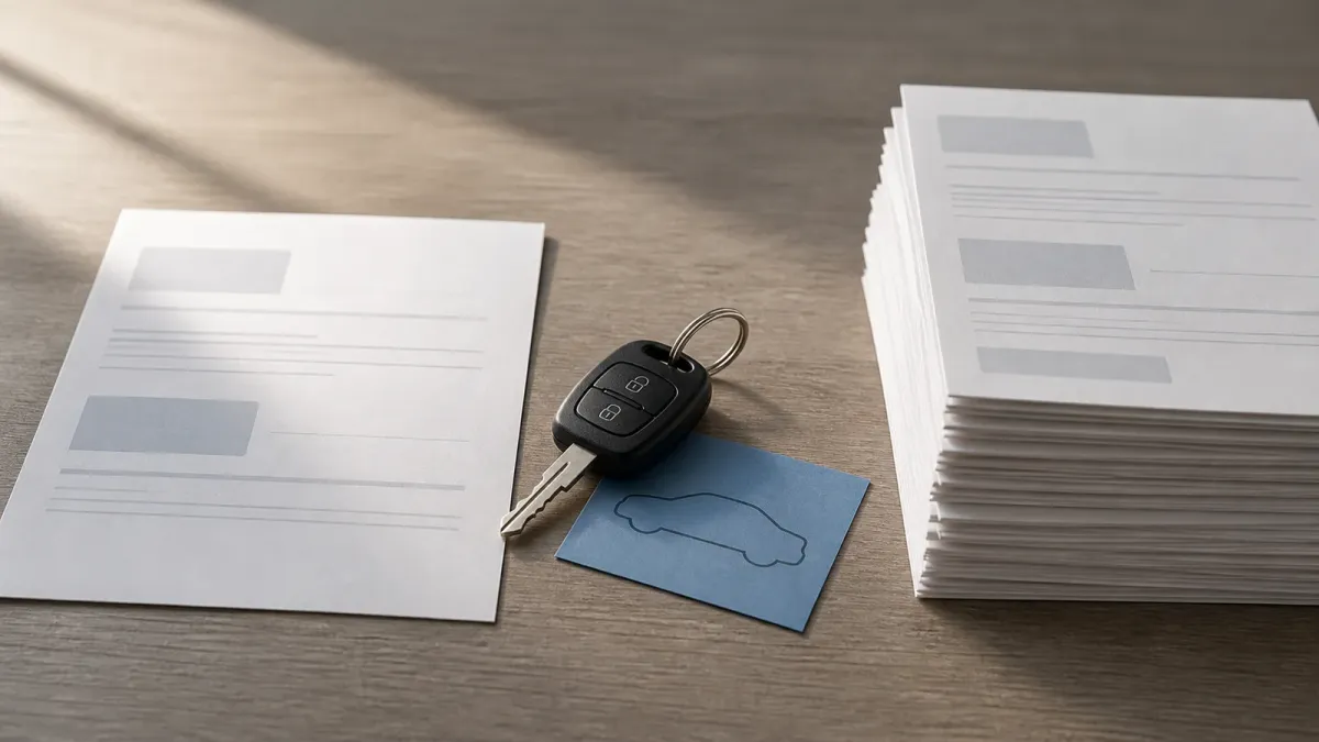 Car keys sit between anonymous refinance papers and payment slips on a desk.