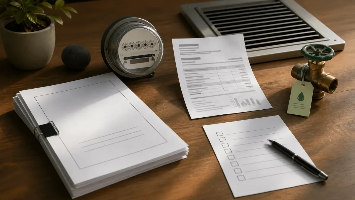 A tabletop arrangement of an approval packet, power bill, meter gauge, water valve tag and cooling grille representing data-center cost questions.