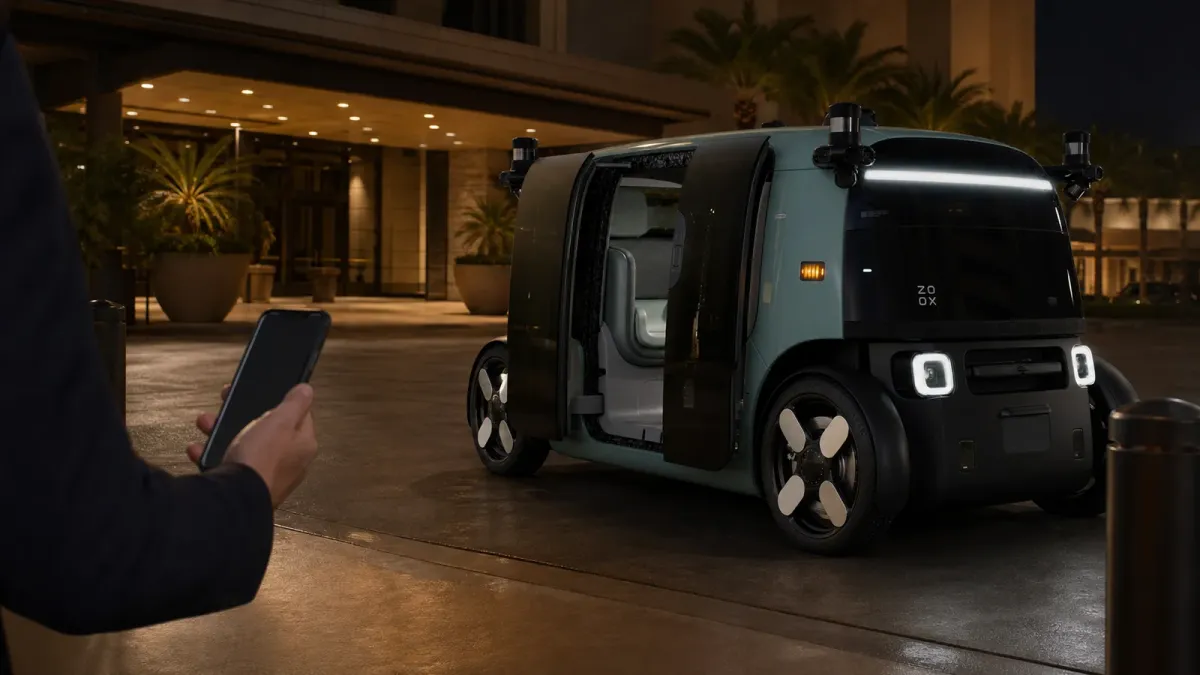 A Zoox robotaxi waits at a Las Vegas curb with its passenger door opening for a ride.