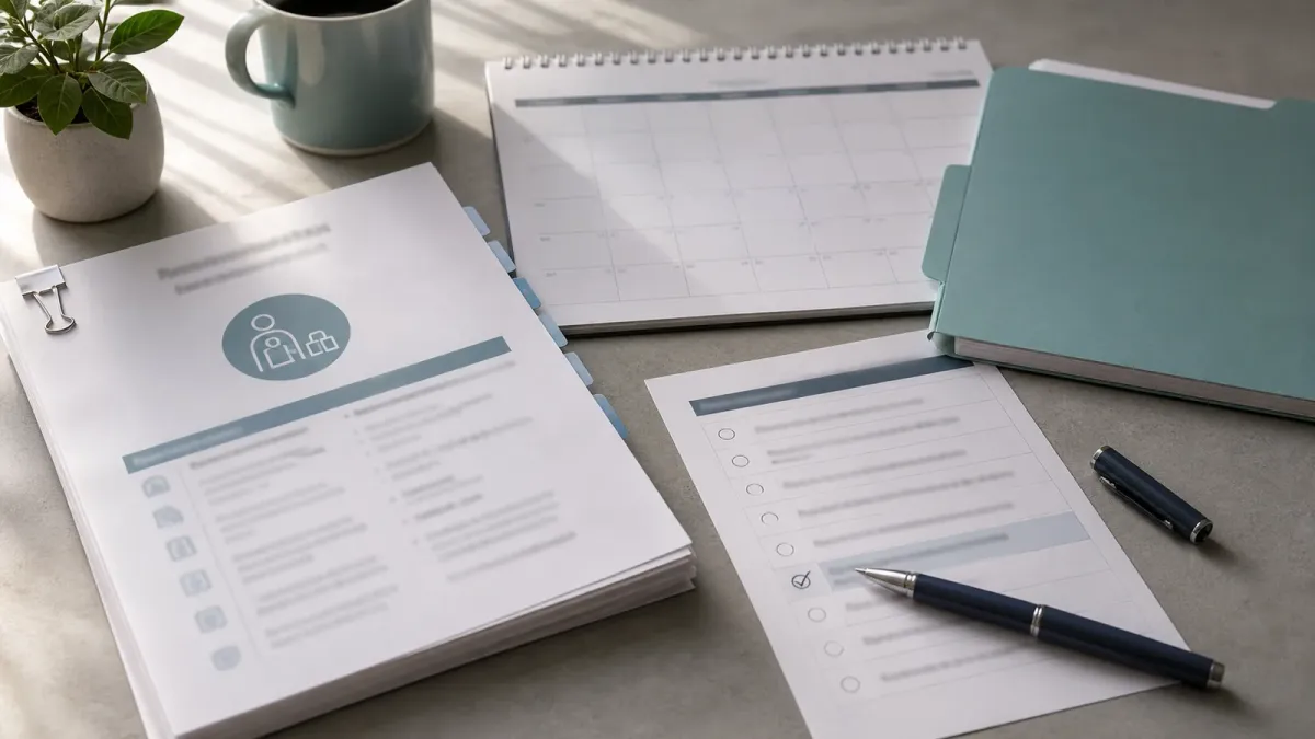 A generic therapy plan, appointment calendar, supervision checklist and folder arranged on a table for reviewing ABA care documentation.