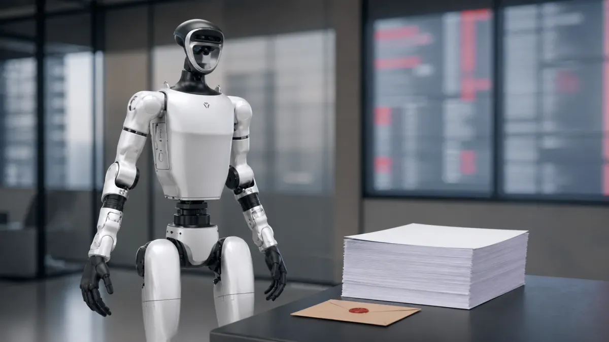 A Unitree Robotics humanoid robot beside blank listing papers and blurred market screens.