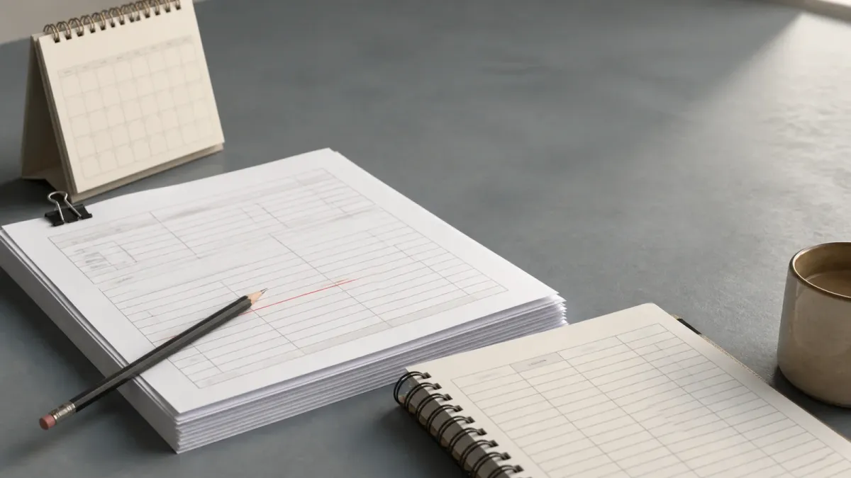 A printed employment report, pencil, budget notebook and September calendar arranged on a desk