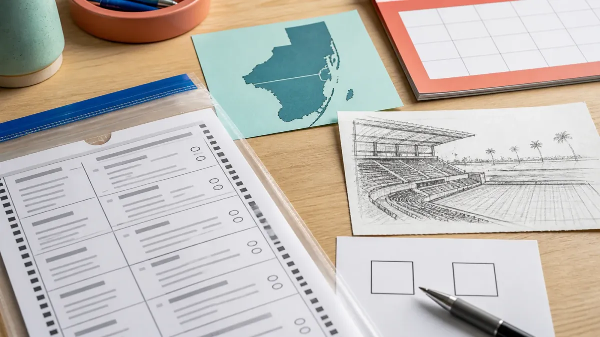 Election materials arranged beside a Miami-Dade map card and a blank stadium sketch to show a local referendum decision.