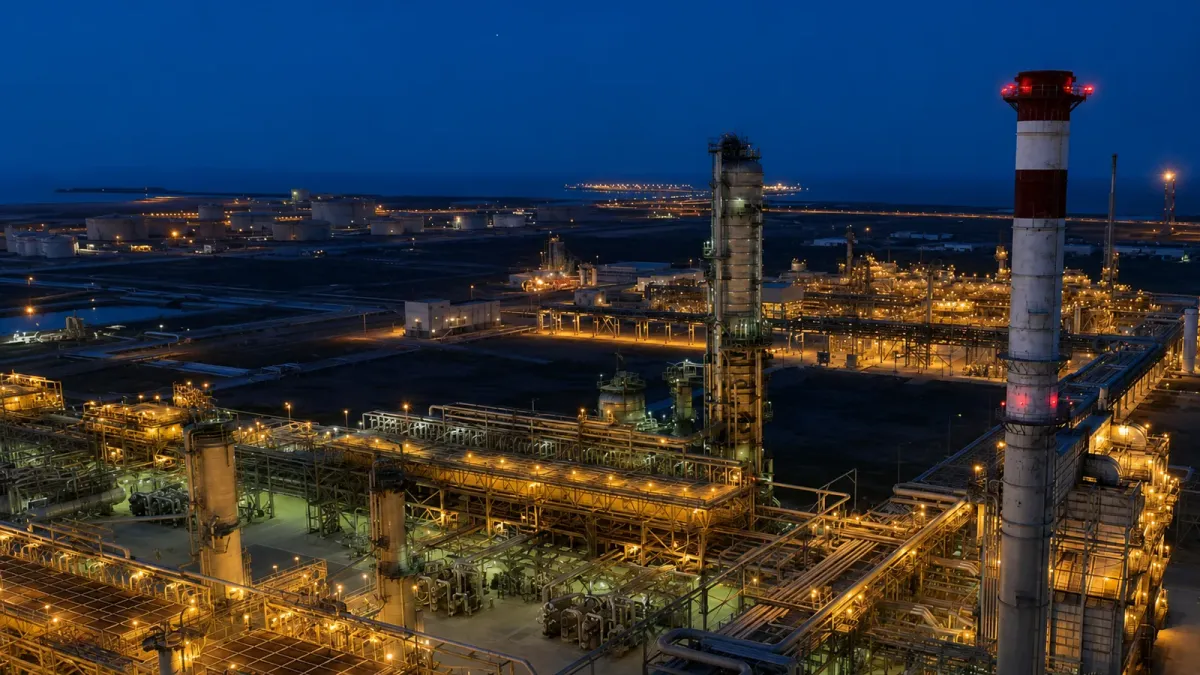 Aramco refinery towers and pipelines lit at dusk near the Red Sea