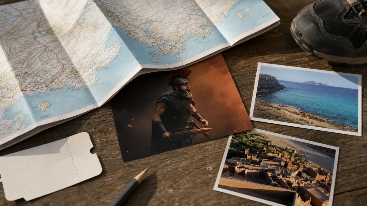 A source-grounded Odyssey movie card, Favignana and Ait Benhaddou photo prints, and travel-planning papers laid out with a ferry stub, pencil and hiking gear.