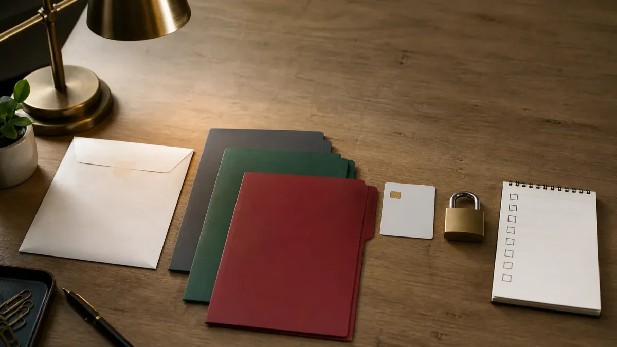 A sealed breach notice, credit-freeze folders, and tax identity card arranged as an ordered response plan on a desk