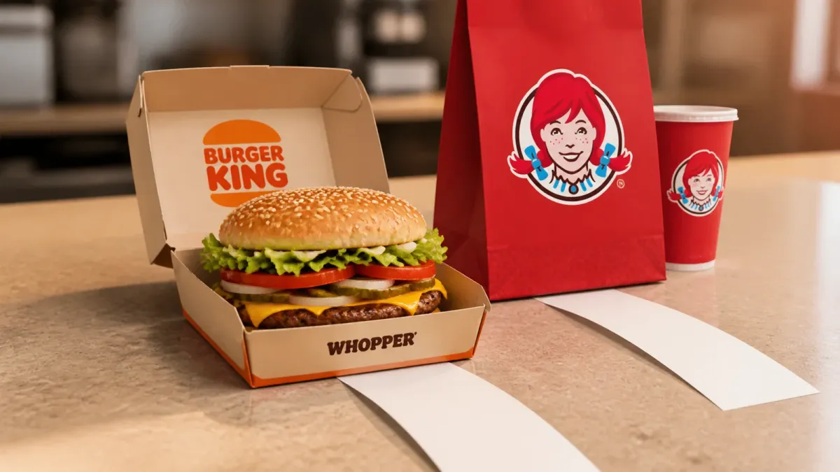 A Burger King Whopper order sits ahead of a Wendy's-branded order on a fast-food counter.