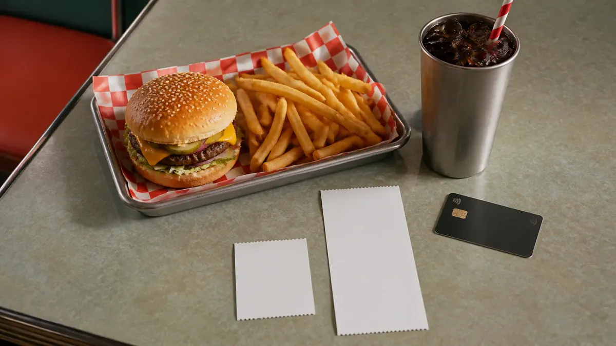 A cheeseburger meal on a diner table beside two simplified receipts with different implied totals