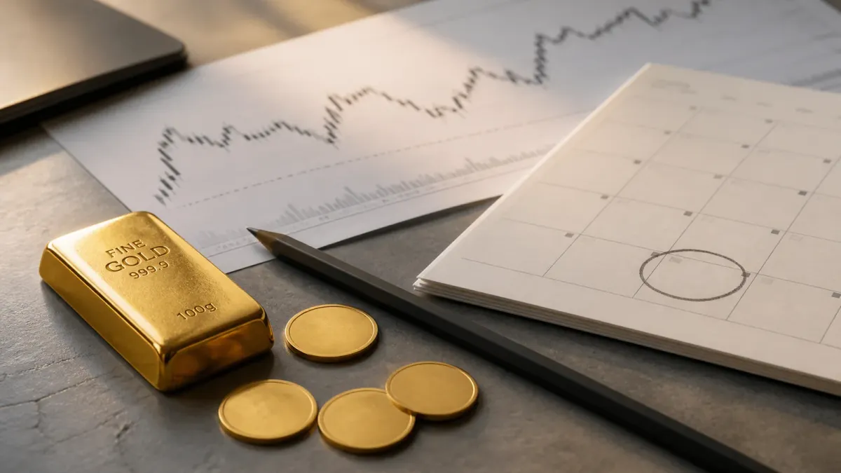 Gold bars, a generic calendar checkpoint and a muted price-line sheet arranged on a desk to show the inflation-data test ahead.