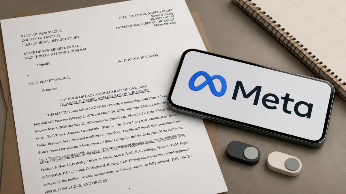 A Meta-branded device rests over a New Mexico court judgment with teen-account control symbols nearby.