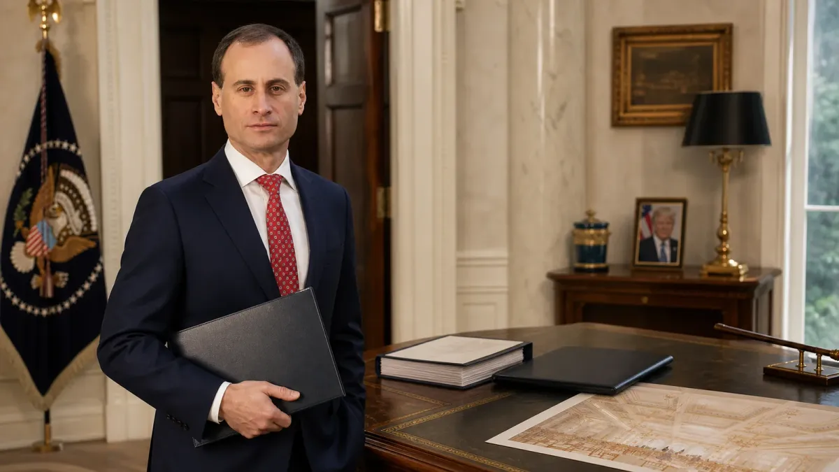 Will Scharf-style White House legal scene with a folder, court papers and a ballroom rendering on a desk