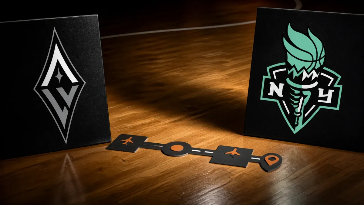 Las Vegas Aces and New York Liberty logos face each other across an empty basketball court with travel-route markers between them.