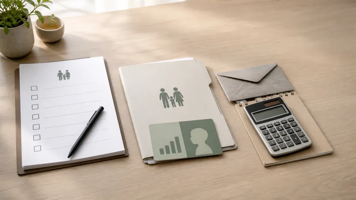 A family finance checklist, folder, calculator and sealed envelope arranged as account-opening checks on a desk