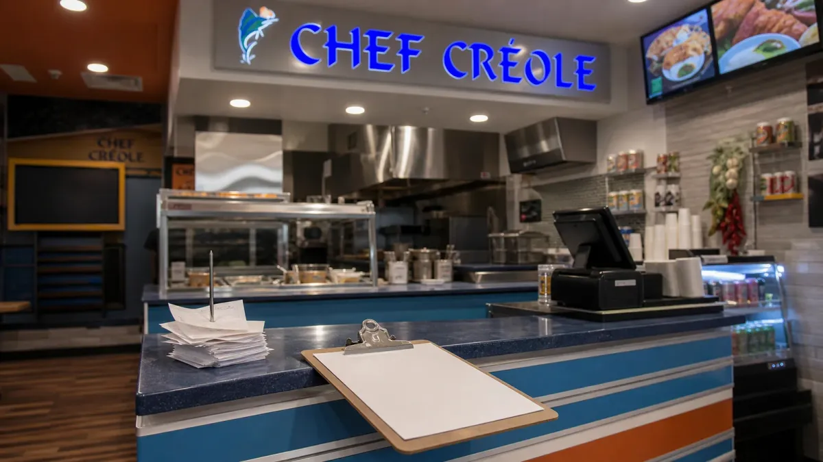 Chef Creole's counter and blue signage shown with a quiet order lane and hiring paperwork that suggests staffing pressure