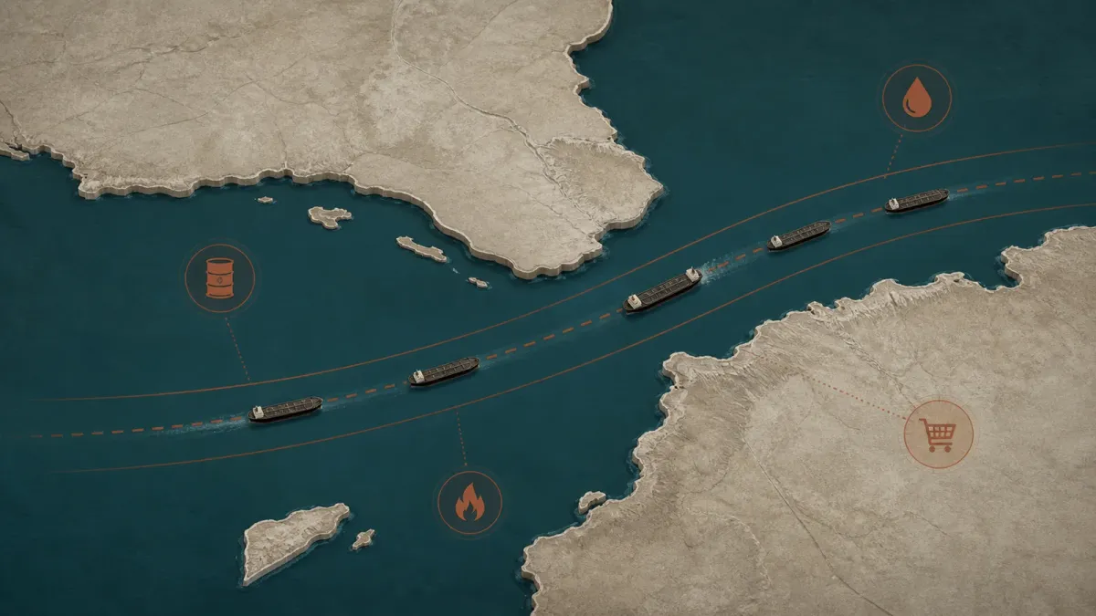 A schematic map-style image shows oil tankers passing through a narrow Gulf shipping lane with subtle market-pressure markers nearby.