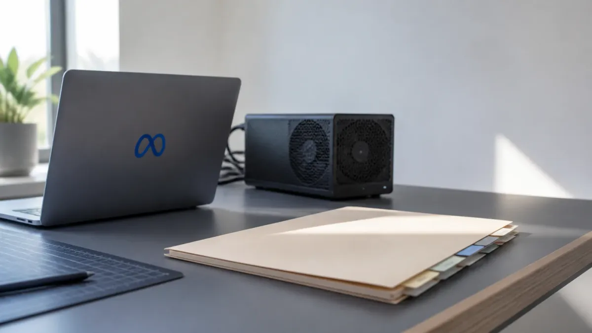 A Meta-branded workstation beside a blank safety-review folder, illustrating local AI access under release oversight.