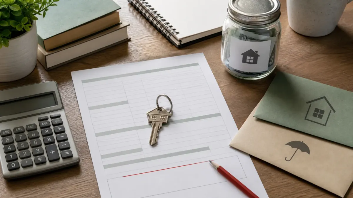 A house key beside blank mortgage paperwork, insurance and tax envelopes, and a repair reserve jar.