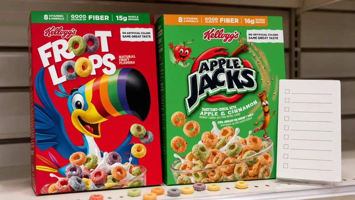 Froot Loops and Apple Jacks cereal boxes staged on a grocery shelf beside a plain label checklist card.