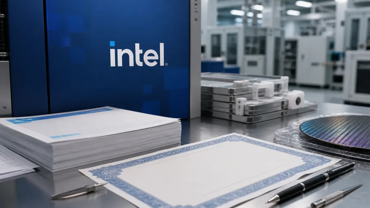 Intel branding appears beside blank financing papers, a silicon wafer and chipmaking equipment